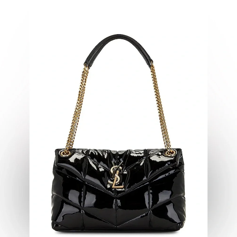 Yves Saint Laurent ysl Loulou puffer black patent shoulder bag gold straps $2990